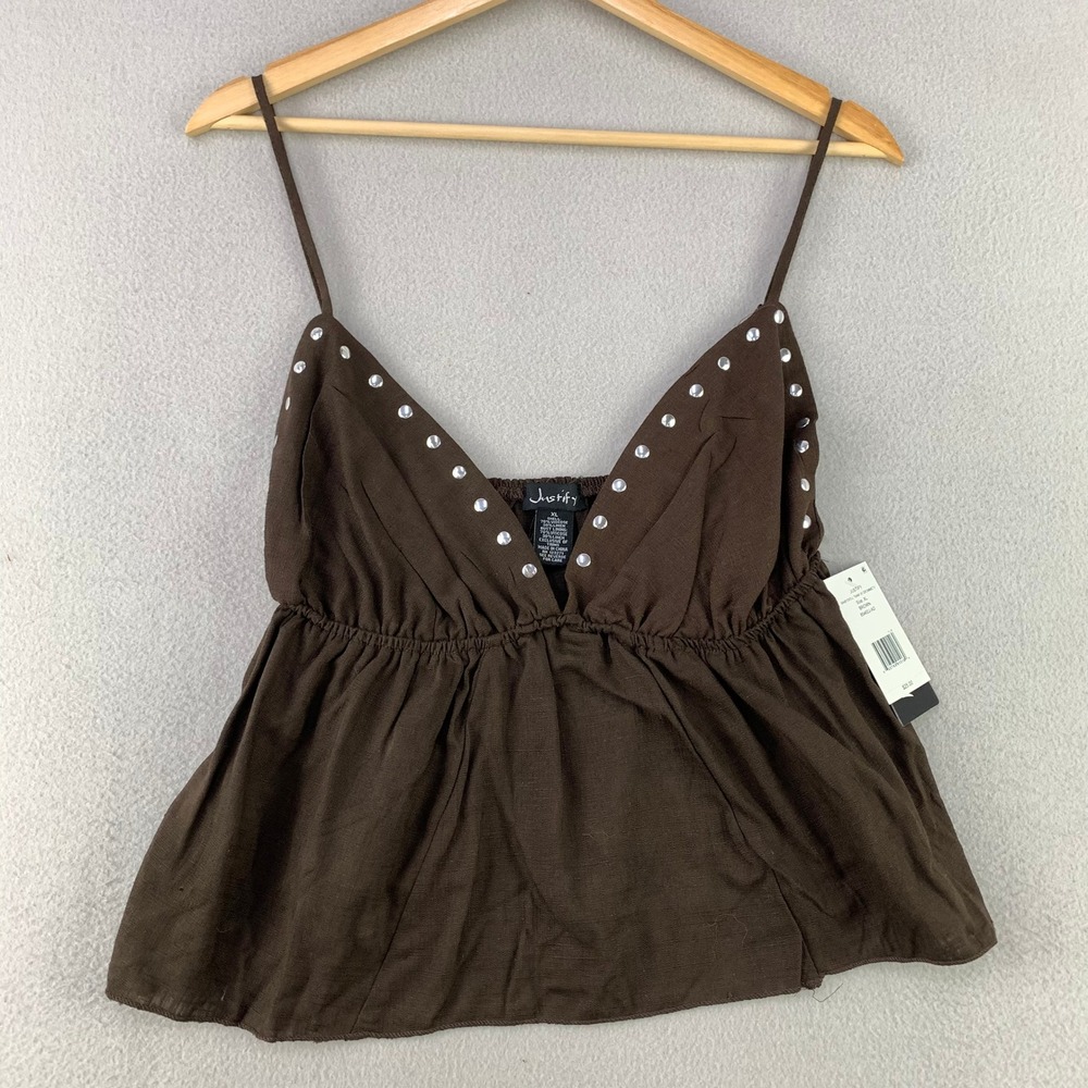 Justify Babydoll Tank Top Women XL Brown Boho NWT Y2K Studded